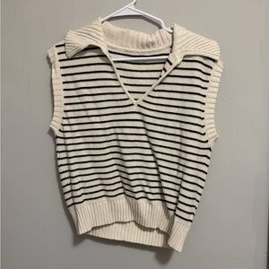 SHEIN Cream & Black Striped Collared Sleeveless Knit Top